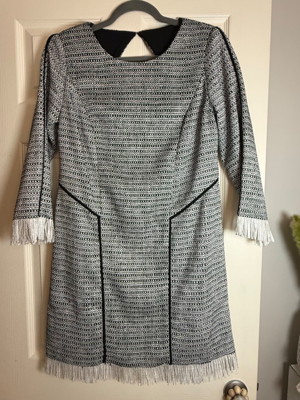 Sam Edelman Graphic Play Tweed Open Back Fringe Dress M NWT
